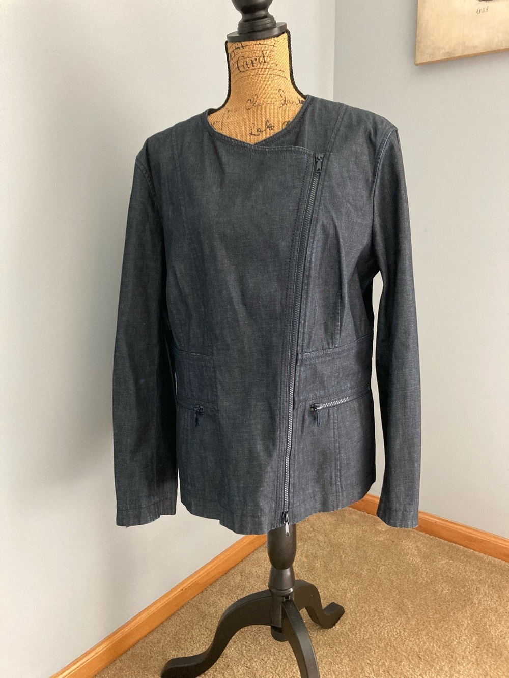 Lafayette 148 New York Denim Zip Moto Jacket Women Size 18